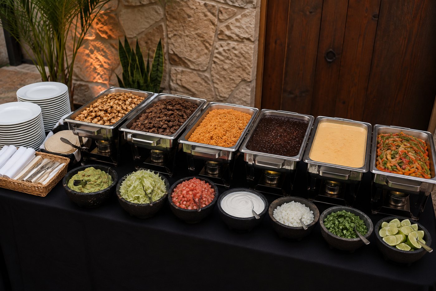 Catering buffet spread with grilled chicken, steak, rice, beans, queso, fajita vegetables, and fresh toppings