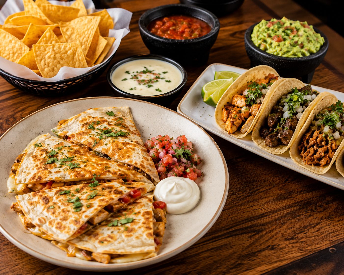 Quesadillas, street tacos, chips with queso, salsa and guacamole on a wooden table